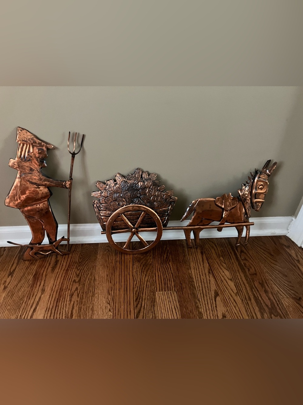 Vintage metal copper wall art dog burro donkey cart wagon